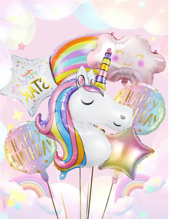 6pc unicorn, birthday shooting star balloon arrangement with or without personalization