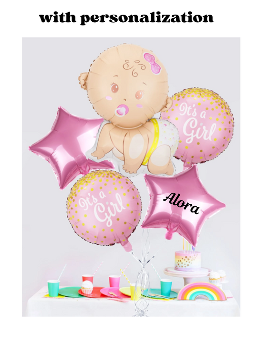 5pc its a girl balloon arrangement with or without personalization