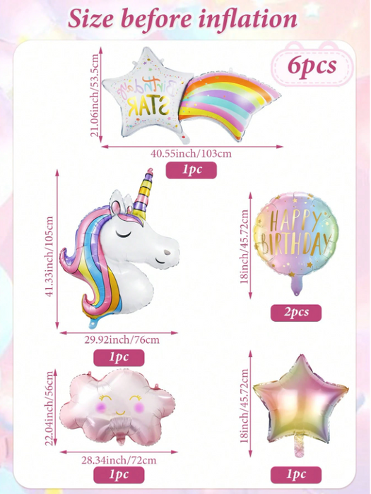 6pc unicorn, birthday shooting star balloon arrangement with or without personalization