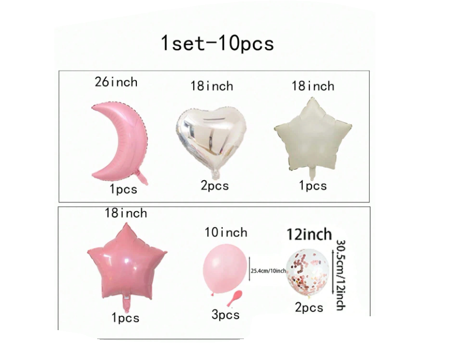 10pc pink star and moon balloon arrangement with or without personalization