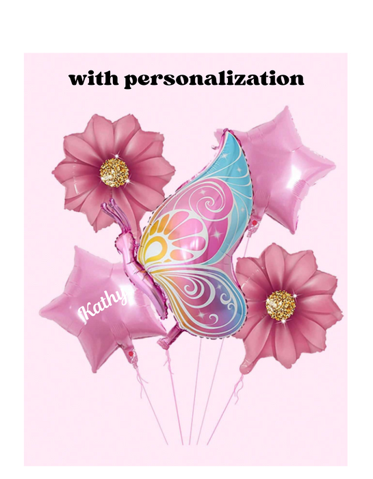 5pc butterfly and flower pink arrangement with or without personalization