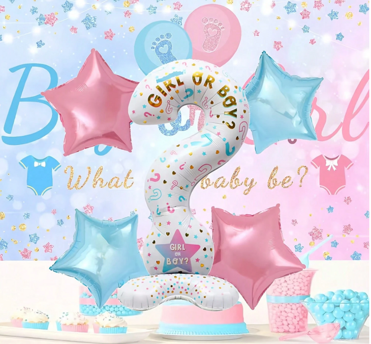 5pc Gender reveal question mark and star balloon arrangement