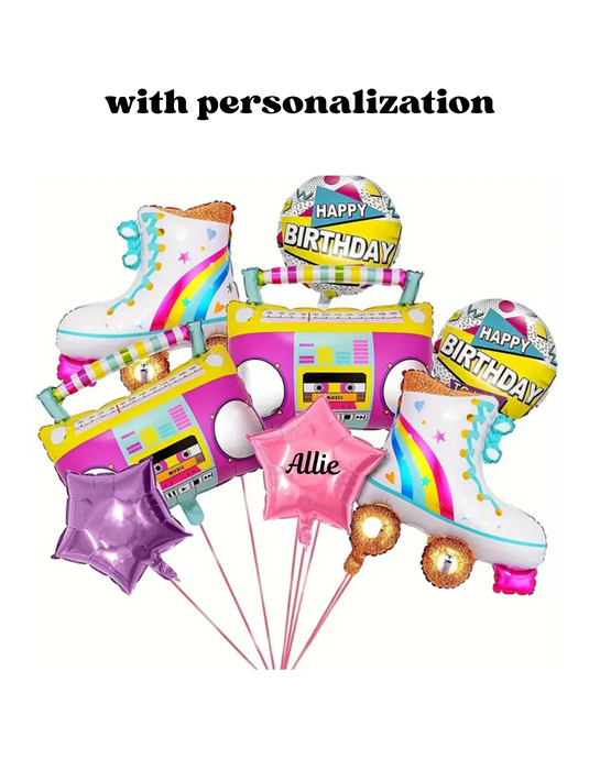 8pc rockin' and rollin' roller skate birthday balloon arrangement with or without personalization