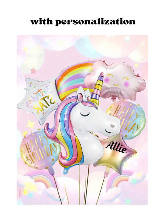 6pc unicorn, birthday shooting star balloon arrangement with or without personalization