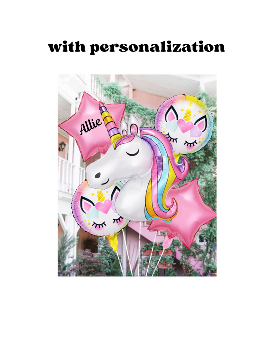 5pc unicorn balloon arrangement with or without personalization